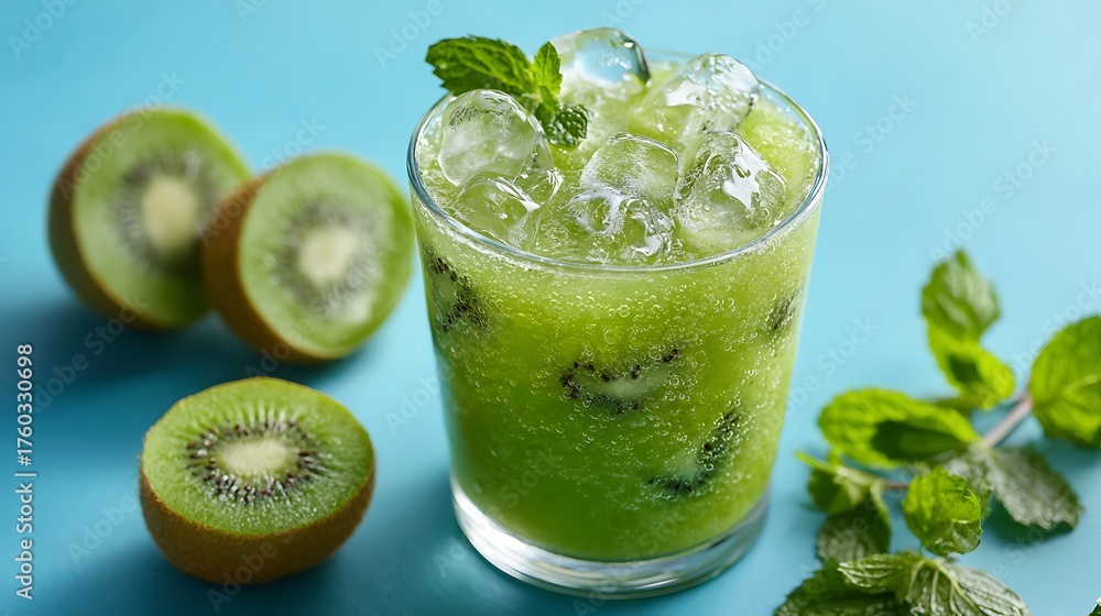 Fototapeta premium Refreshing kiwi cocktail with ice and mint, perfect for summer refreshment and vibrant lifestyle content