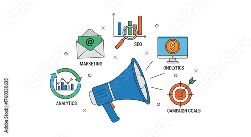 Blue Megaphone with Marketing and Analytics Icons.