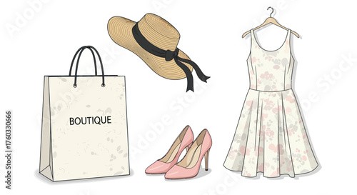 Fashionable Outfit: Dress Hat Shoes and Boutique Shopping Bag.