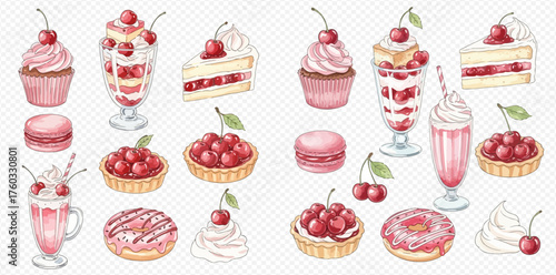 A watercolor illustration collection of various cherry-themed desserts and sweet treats including cupcakes, parfaits, cakes, tarts, macarons, milkshakes, and donuts.