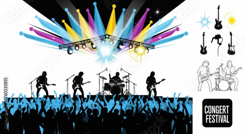 Live Music Concert Festival with Band Silhouettes and Cheering Crowd.