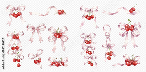 Collection of watercolor illustrations featuring delicate pink ribbons tied into bows and adorned with vibrant red cherries, perfect for decorative elements.