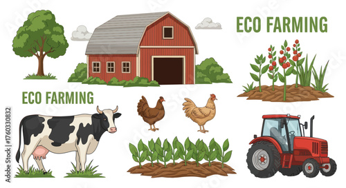 Diverse Elements of Eco Farming: Barn Tractor Livestock and Crops.