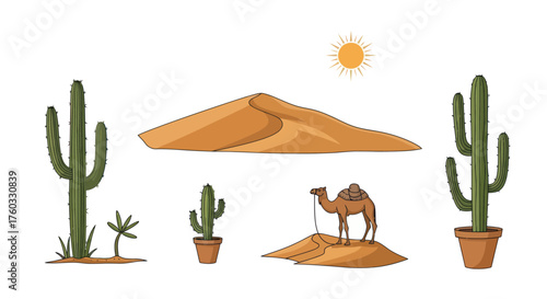Cartoon Desert Landscape Elements with Cacti Camel Sand Dune and Sun.