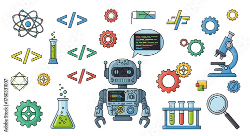 Cartoon Robot and Science Technology Icons Collection.