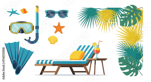 Vector set of summer beach vacation items including a lounge chair snorkeling gear and tropical leaves.