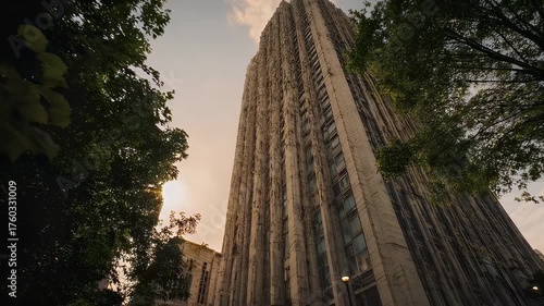 Majestic Gothic Cathedral Tower Bathed in Golden Sunset Light.