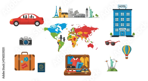 Diverse Travel and Tourism Icons Featuring World Map and Landmarks.