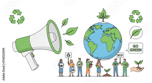 Environmental Protection Activism Illustration with Earth Globe Megaphone and Diverse People.