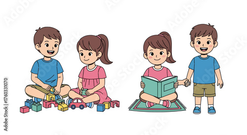 A charming cartoon collection of happy children playing with toys and reading a book together.