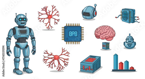 Cartoon-Style Blue Robot Standing Upright with Antennae.