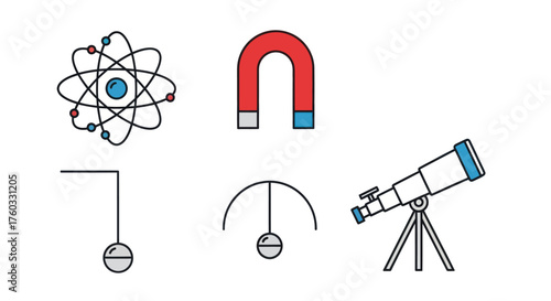 Collection of scientific and physics icons including atom horseshoe magnet pendulum and telescope.