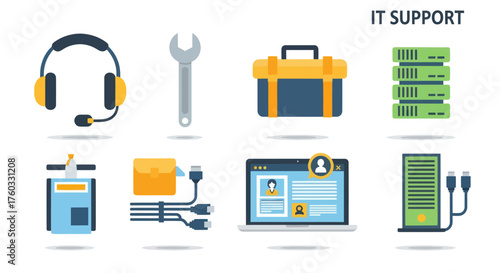 Flat Design IT Support Service and Technology Icons Set.