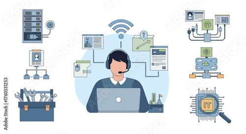 IT Support Specialist Working on Laptop with Wireless Connection.