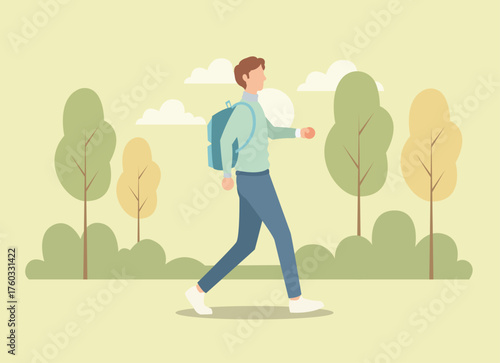 Young Man Walking Outdoors with a Backpack in a Park