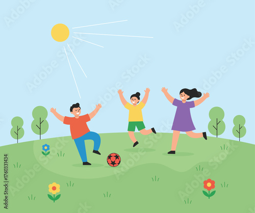 Happy Children Playing Soccer in a Sunny Park