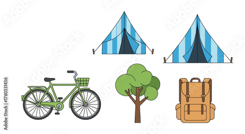 Camping Equipment Set: Bicycle Tents Tree and Backpack for Outdoor Adventures.