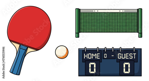 Red ping pong paddle ball net and scoreboard for table tennis.