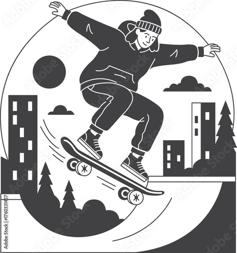 Monochrome Skateboarder Performing a Trick in an Urban Landscape