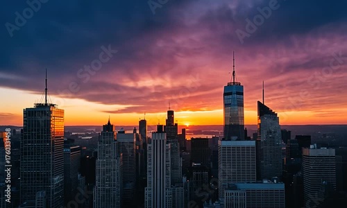 New York City Skyline at Sunset with Fiery Orange and Purple Clouds skyscrapers buildings