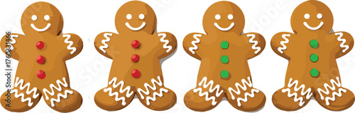 gingerbread men cookies with red and green buttons and white icing decoration in festive Christmas vector illustration design