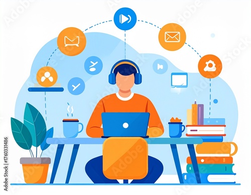 A flat digital artwork depicting a young faceless person wearing headphones, focused on a laptop with bright white screen. Desk with coffee, notebook, books, and pen. Above, icons for online learning 