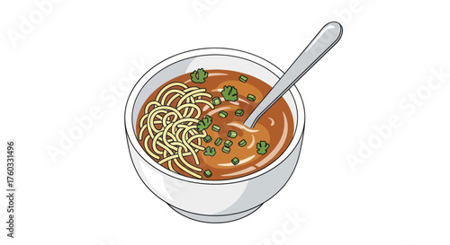 Bowl of Noodle Soup with Broth and Spoon Garnished with Greens.