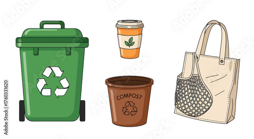 Green Recycling Bin Coffee Cup and Eco-Friendly Tote Bag.
