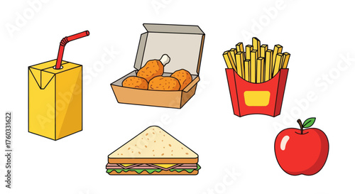 Assortment of cartoon-style fast food and drink items.