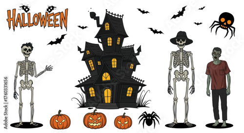 Spooky Halloween Characters and Haunted House Illustration.