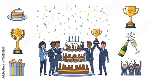 Diverse Business Team Celebrating Success with Large Cake Trophies and Confetti.