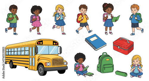 Diverse Cartoon School Children and Education Supplies Set.