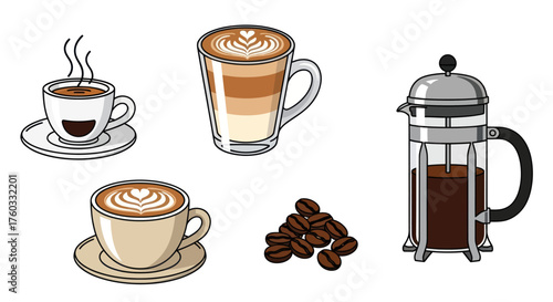 Assortment of Coffee Beverages and Coffee Beans Illustration.