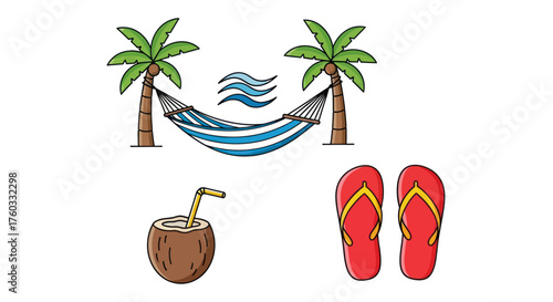 Tropical Beach Vacation Scene with Hammock Coconut Drink and Flip-Flops.