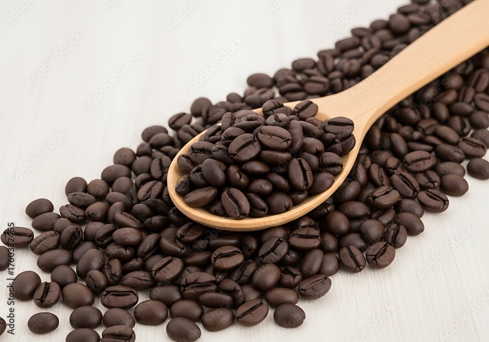Fototapeta premium Freshly Roasted Coffee Beans and Wooden Spoon Close Up