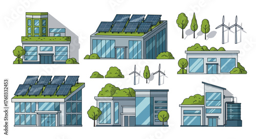 Eco-Friendly Buildings with Green Roofs Solar Panels and Wind Turbines for Sustainable Living.