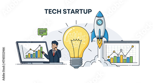 Tech Startup Business Concept with Idea Bulb Rocket Launch and Growth Graphs.