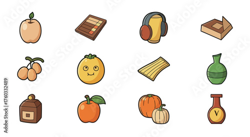 Collection of stylized cartoon icons featuring fruits books and vases.