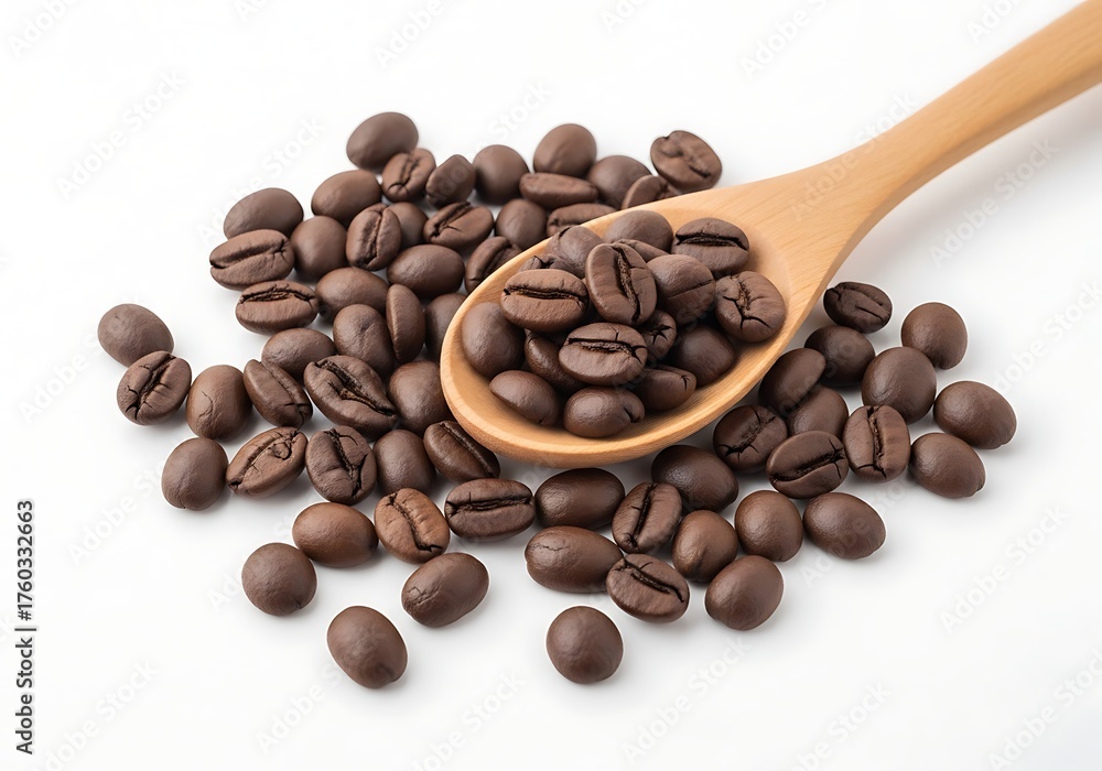 Fototapeta premium Fresh Roasted Coffee Beans in Wooden Spoon on White Background