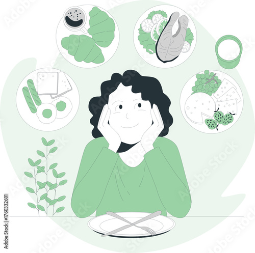 Woman contemplating various food options at a table with a plate contemplation