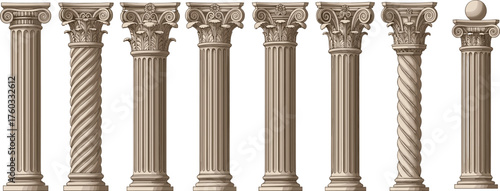 Set of ancient Greek and Roman architectural columns with detailed Corinthian and Ionic styles in classical stone vector illustration design