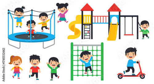 Diverse Childrens Playground Equipment with Happy Kids.