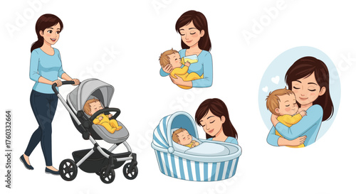 Caring Mother and Baby Illustrations: Strolling Feeding and Cuddling.