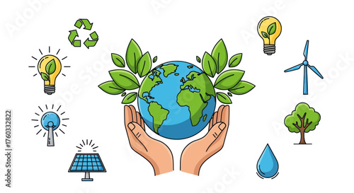 Hands holding green Earth with eco-friendly renewable energy symbols illustration.
