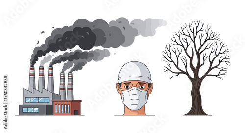 Industrial Factory with Multiple Smokestacks Releasing Dark Pollution.