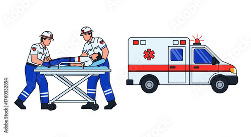 Emergency Medical Technicians Transporting Patient on Stretcher Near Ambulance.