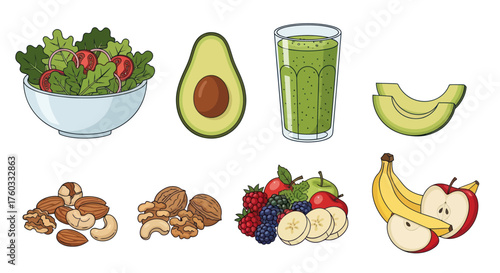 Assortment of Fresh Fruits Vegetables Nuts and Healthy Smoothie.