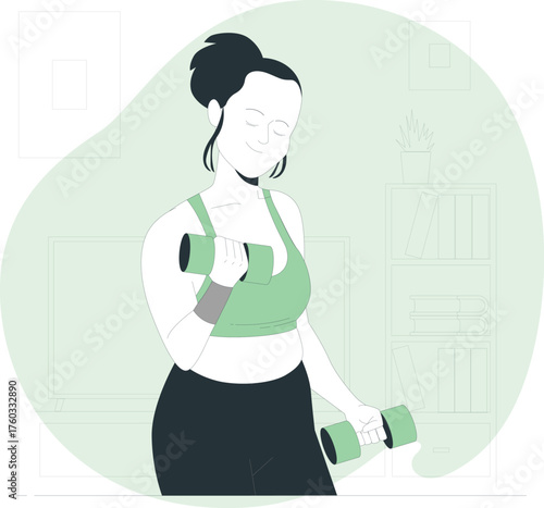 Woman exercising with dumbbells in a room with a bookshelf and television fitness weights