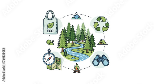 Eco-Friendly Camping and Nature Exploration Icons in a Circular Arrangement.