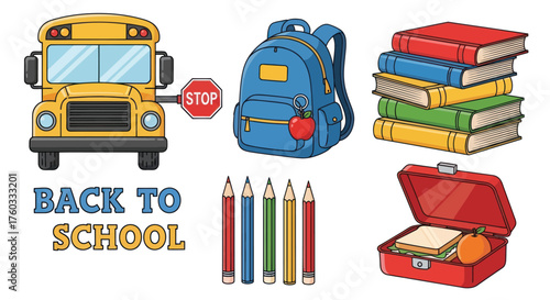 School Supplies and Transportation: Bus Backpack Books Pencils and Lunchbox.